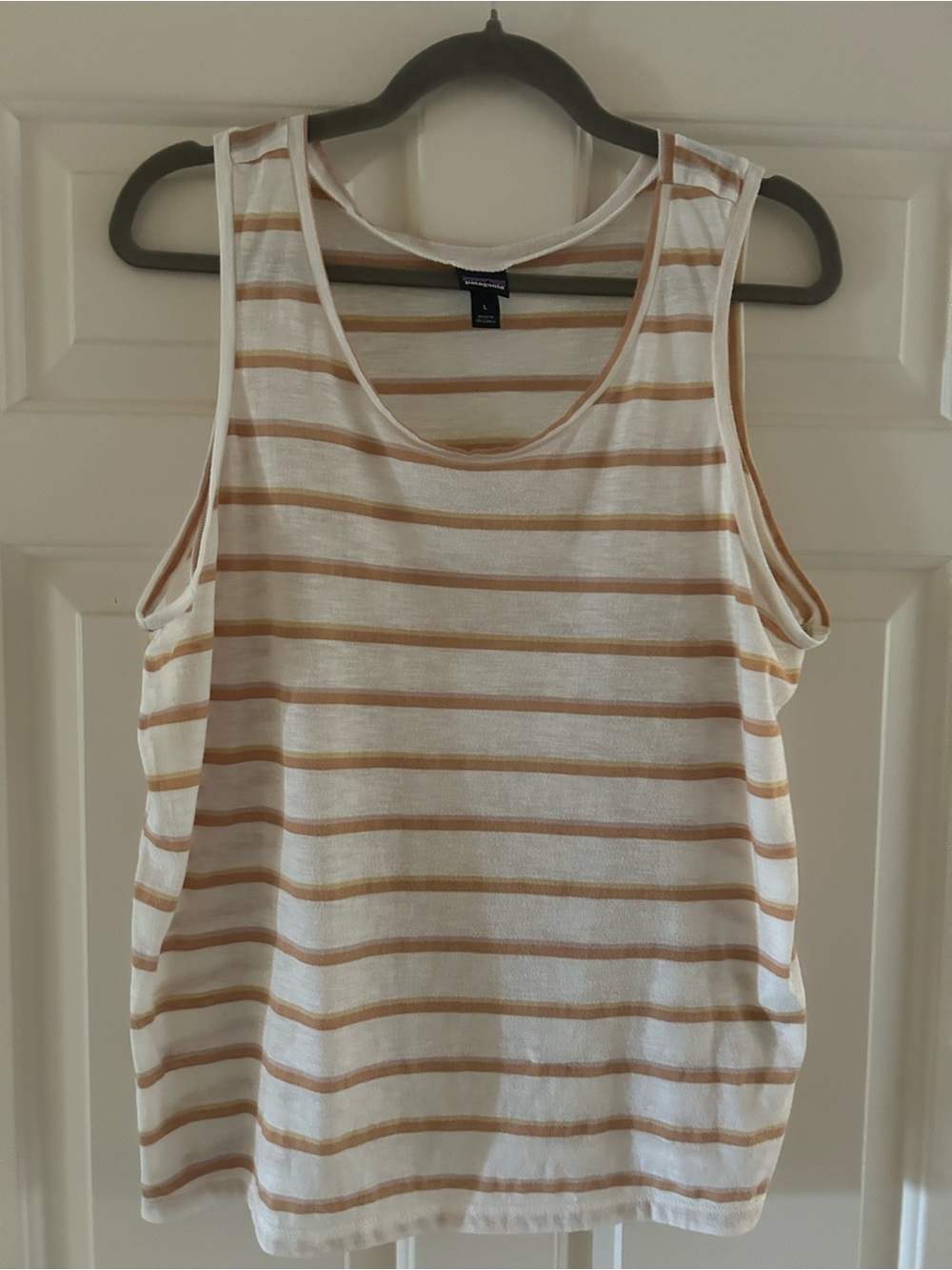Patagonia White and Tan Striped Tank Top